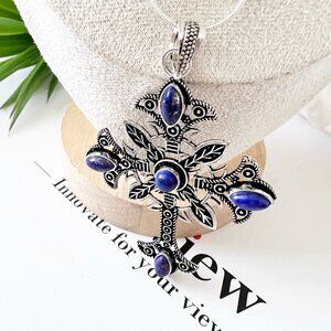 925 Sterling Silver Lapis Lazuli Cross Necklace Gemstone Womens Jewelry